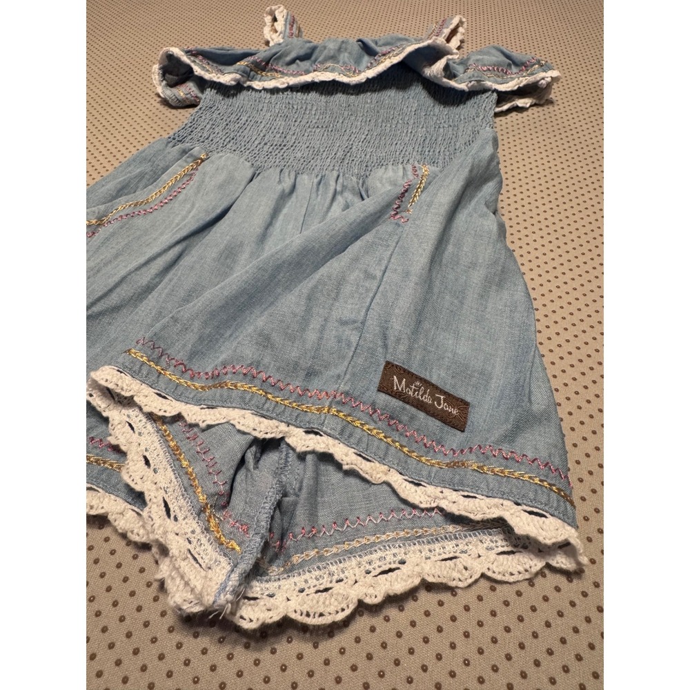 Matilda Jane Picnic In The Park Girls Blue Romper Smocked Lace Embroidery Size 6 - Picture 1 of 4